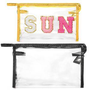 Clear Sun Makeup Bag - 2pcs Preppy Rose Red Sun Chenille Varsity Letter😚